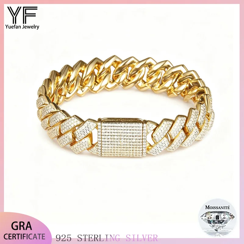 

Мужской кубинский браслет из серебра 925 пробы с муассанитом, 10 мм, покрытый золотом 18 карат, сертифицированный VVS, хип-хоп, трендовые украшения в стиле рэпера, рождественский подарок