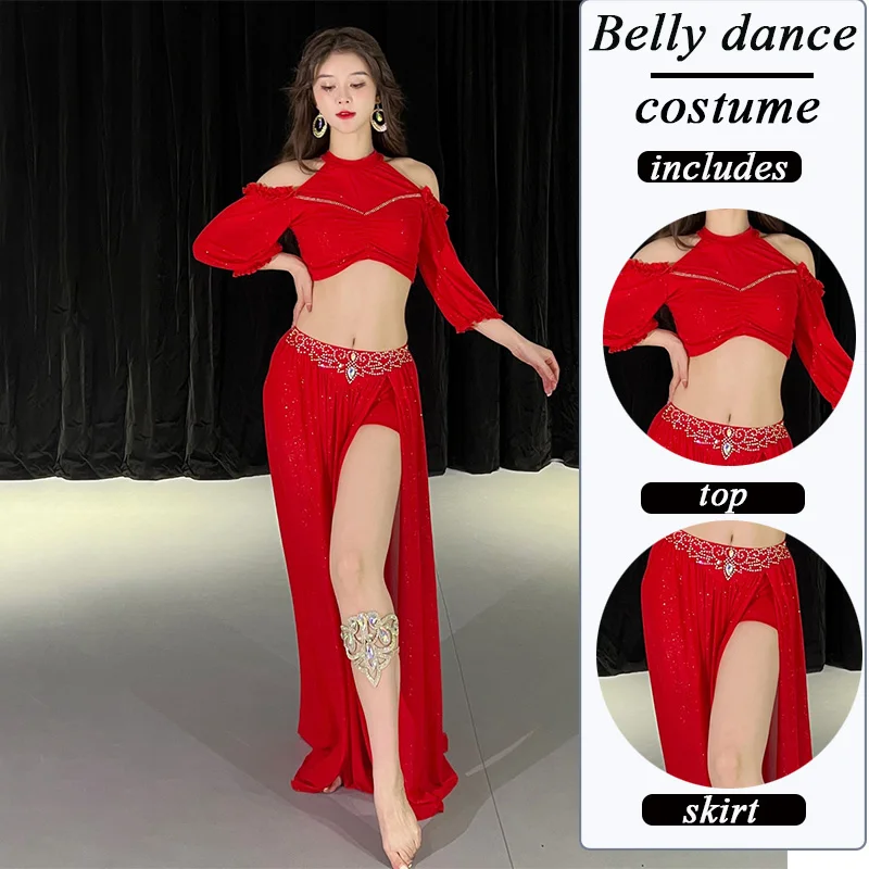 Belly Dance Costume Set for Women Gauze Half Sleeves Top+senior AB Stones Split Skirt 2pcs Adult Oriental Bellydance Outfit