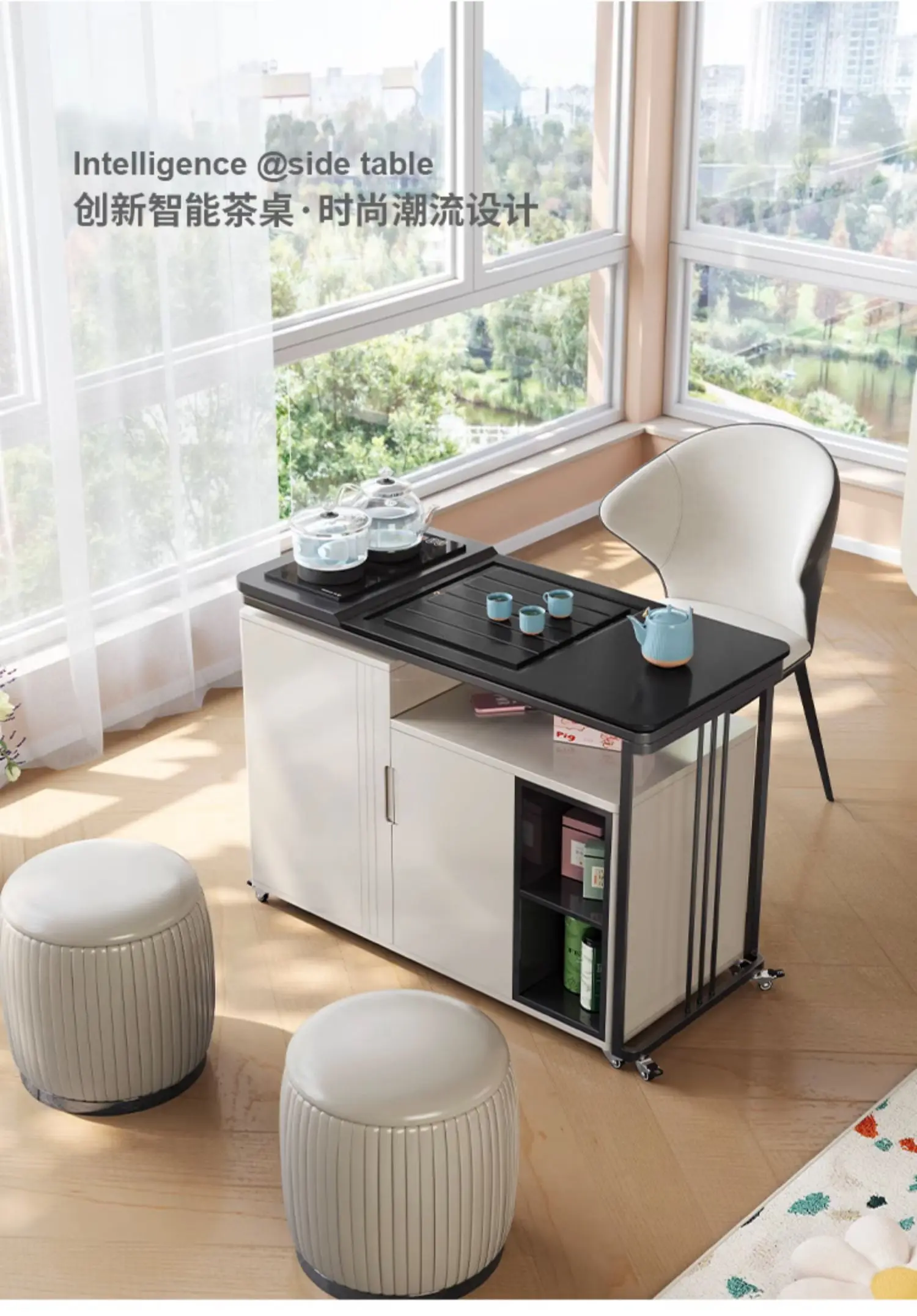 

Movable rotating tea table side cabinet Simple modern small household small tea table balcony tea table and chair combination