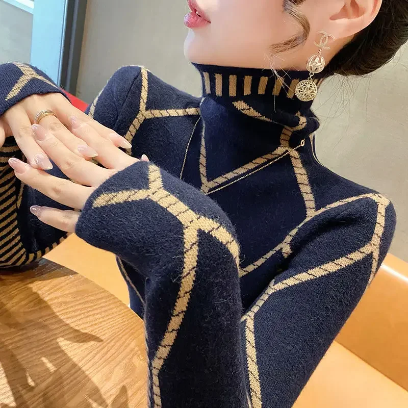 

Women's Pullover High Neck Striped Sweater Autumn and Winter Korean Fashion Slim Long Sleeve Argyle Underlay New Color Knit Tops