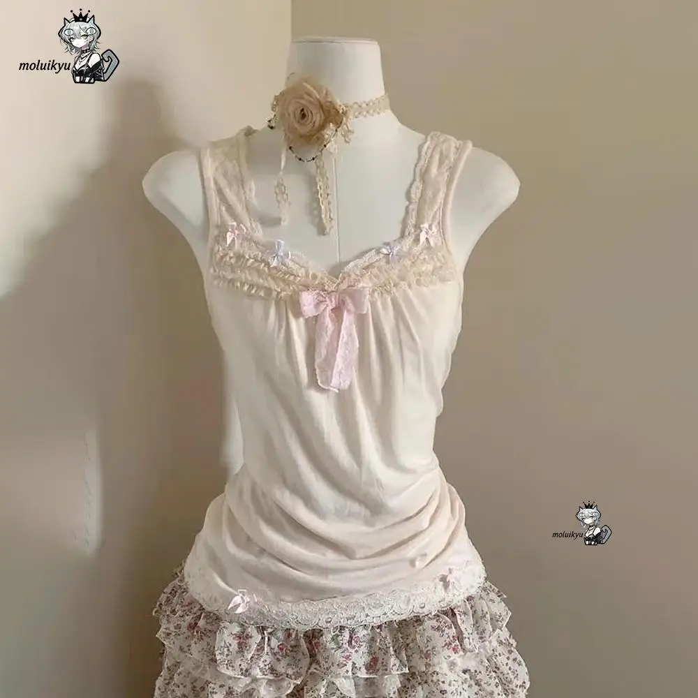Women Y2K 2Pcs Outfit Set Lace Bow Cami Top + Floral Ruffle Tiered Mini Skirt, Kawaii Japanese Harajuku Sweet Coquette Aesthetic