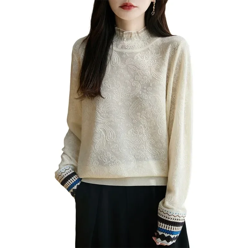 Women French Lace Mock Neck Knit Sweater Loose Ethnic Cuff Long Sleeve Layering Tops