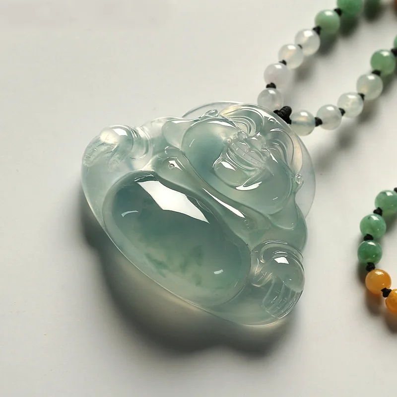 

Fine Jewelry Natural Jade A+ Jadeite Buddha God Ice Seed Floating Green Jade Buddha Pendant