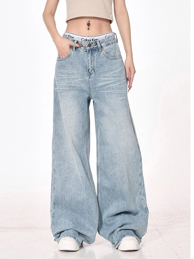 

Y2K High Waist Washed Jeans Women Light Color Summer Loose Wide Leg Floor Length Straight Leg Pants Fashion ﻿