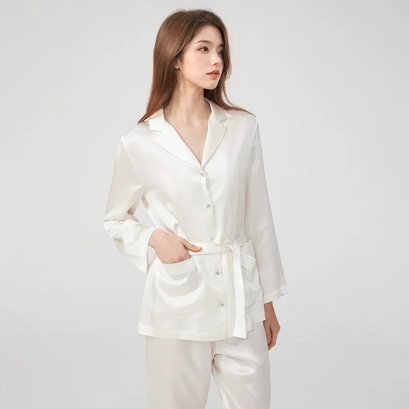 19MM Silk Kimono Sleepwear 100% Mulberry Silk Diamond Button Down Christmas Pajamas 2 Piece Pajama Sets Women Sexy Nightwear Set