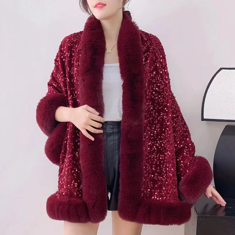 

Women's Autumn Winter New Fashionable And Stylish Sequined Cape With Thickened Shawl Fur Collar Jacket Femaleversatile Outerwear