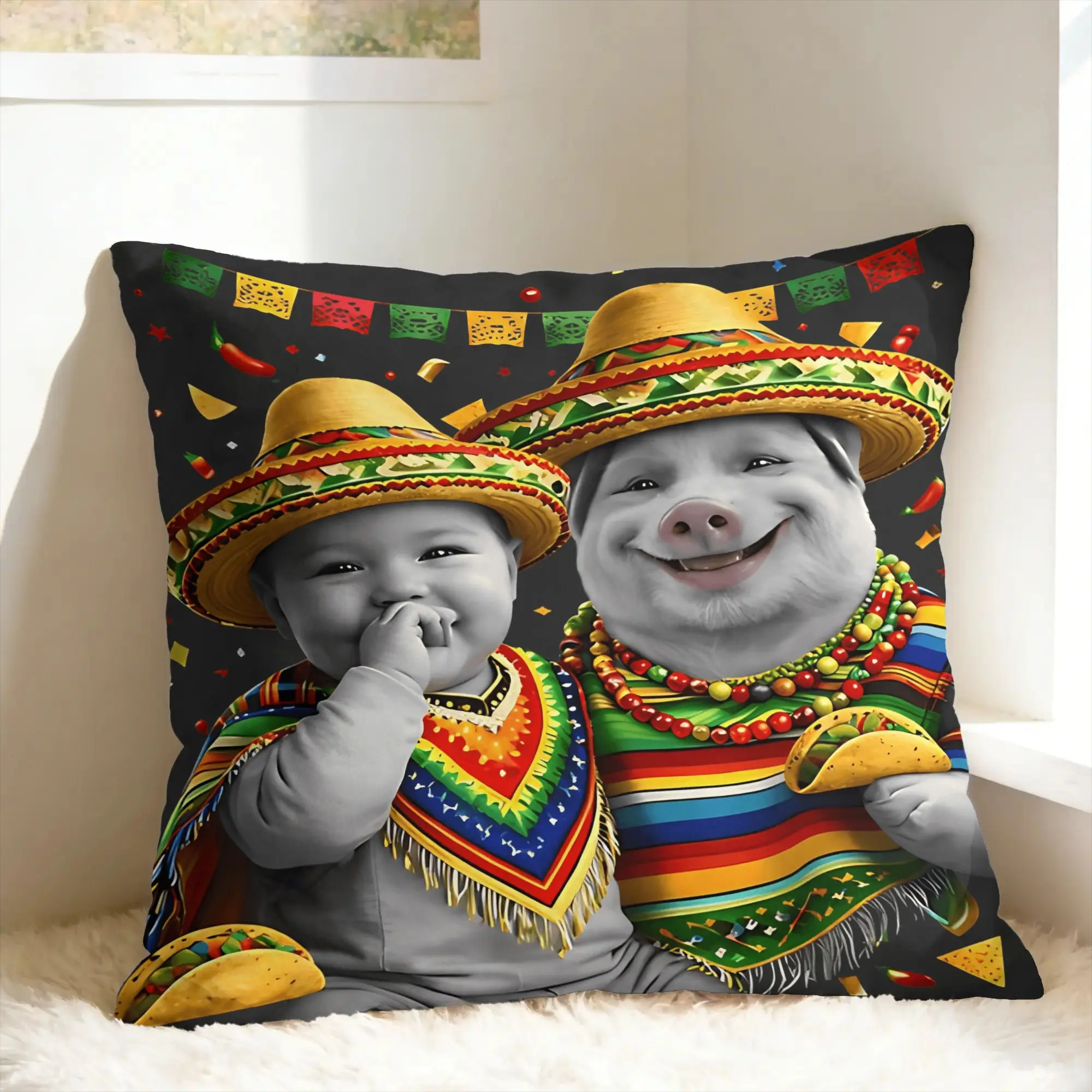 Mexican Fiesta John Pork and Ai Baby Pillow Case  Soft Pillow Cover For Living Room Sofa Fashion Pillowcases