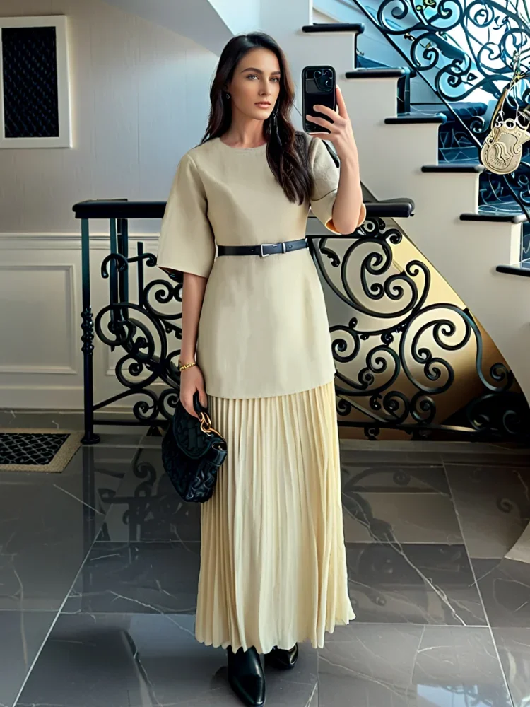 

Woman Fashion Pleated Gauze Patchwork Midi Dress Elegant O Neck Short Sleeved Wrapped Waist Dresses 2025 New Lady Office Vestido