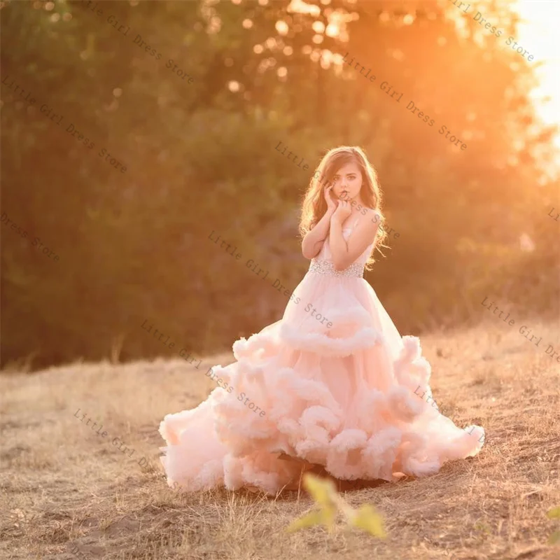 

Pink Luxury Princess Flower Girl Dress Sexy Sleeveless Tiered Tulle Wedding Gown Kids Birthday Party Pageant Ball Gown Dresses
