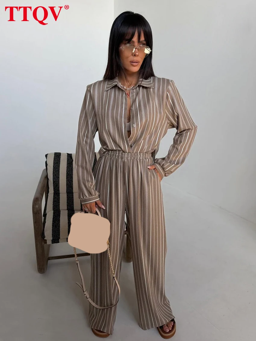 TTQV Fashion Loose Stripe Print Women's 2-Piece Sets 2026 Elegant Long Sleeve Blouse With High Waist Wide Pants Set Female