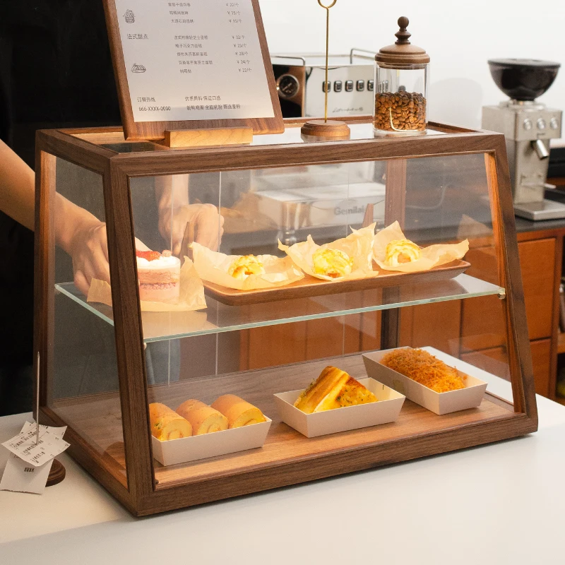 #Coffee shop glass display cabinet black walnut glass cabinet water cup coffee cup dust storage blind display
