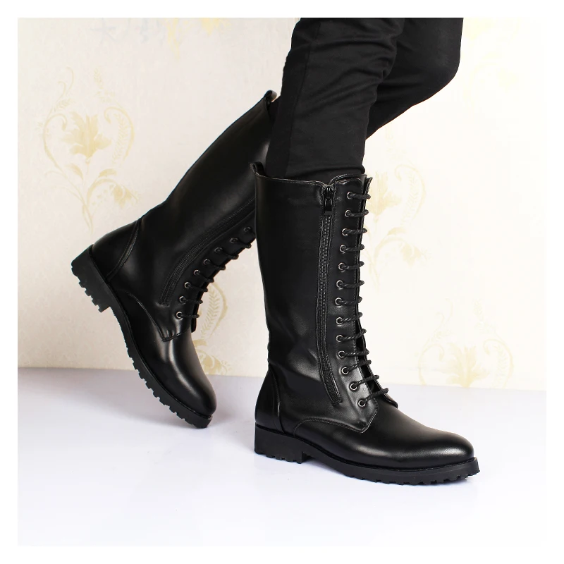 mens luxury fashion genuine leather boots black autumn winter shoes lace up high boot punk motorcycle long botas masculinas mans