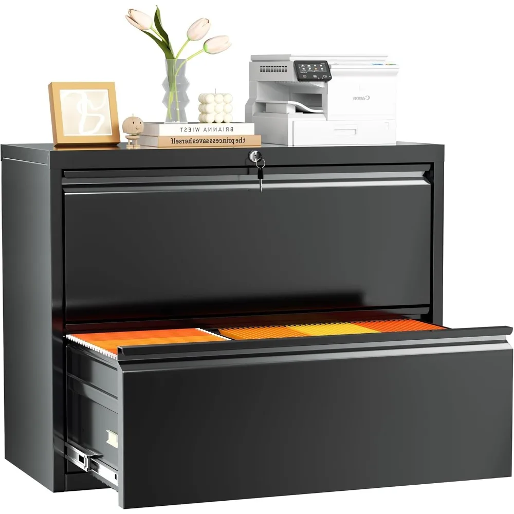 Lateral File Cabinet with 2 Drawers, 36“ W Black Lateral Filing Cabinet with Lock, Metal Steel Black File Cabinets fo