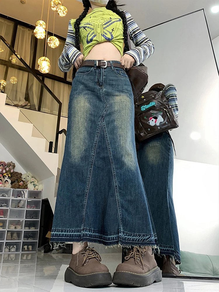 

Long Denim Skirt 2024 korean style High Waist Vintage A Line Split Midi Skirts Women Long Jeans Skirts Style 5XL