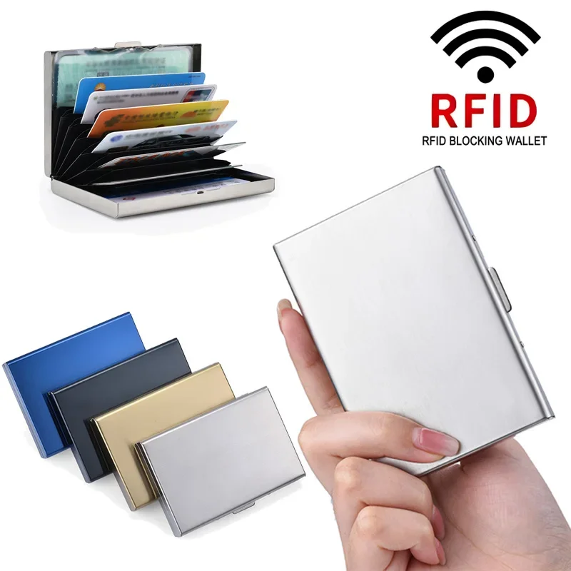 Porta-cartões Antifurto em Aço Inoxidável com RFID, Carteira Metálica Ultra Fina Antidesmagnetização, Bolsa de Crédito Portátil para Homens e Mulheres