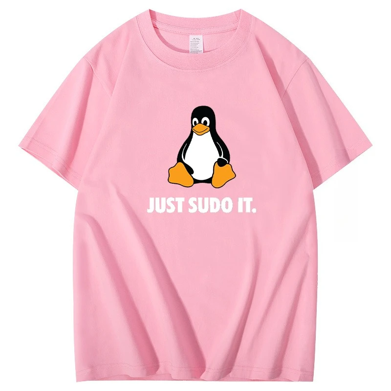 جاست سودو إت تي شيرت مضحك للرجال نظام التشغيل لينكس البطريق الملابس نمط بلايز قصيرة الأكمام تي شيرت الصيف تنفس