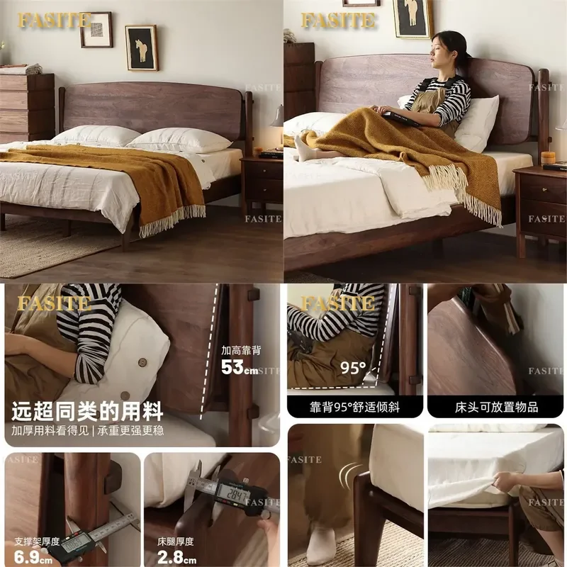 For Nordic Simple Black Walnut All Solid Wood Double Bed Retro Master Bedroom Queen Size High Backrest Suspension Modern Log