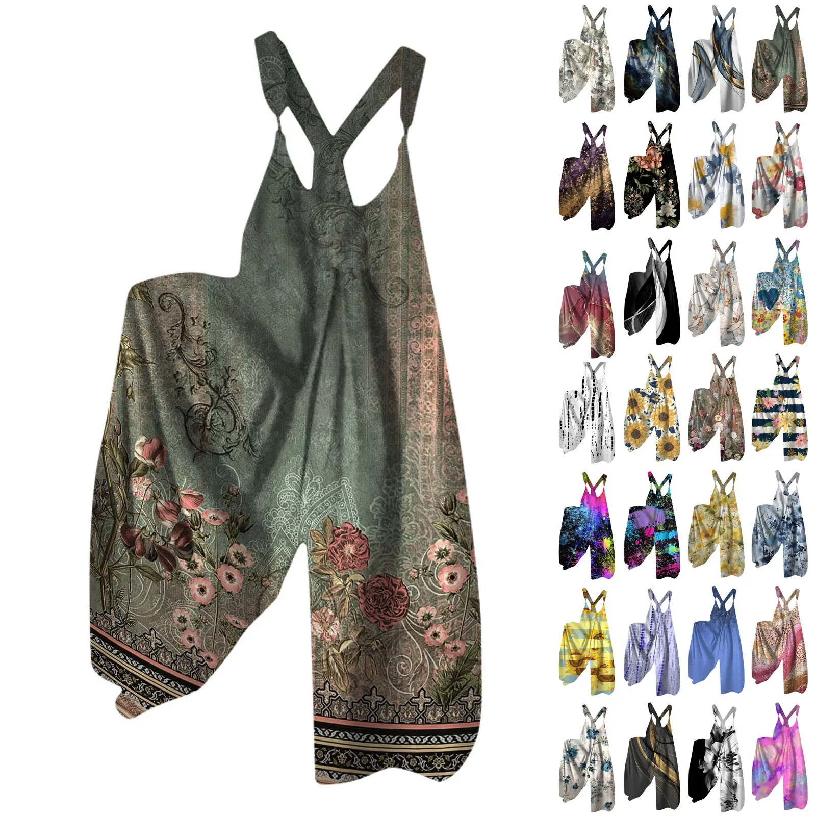 Wide Leg Overalls For Women Retro Floral Print Loose Rompers Casual Metal Button Long Pant Pocket Jumpsuit Woman Clothing