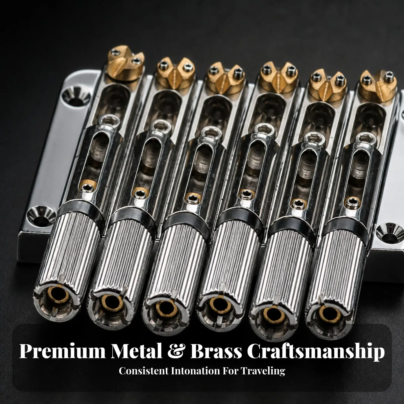Six String Bridge Guitar Hardware with Brass Tone Top and Silver Base for Custom Guitar Builds