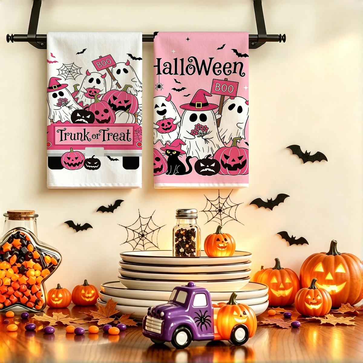 2pcs retro pink ghost, pumpkin, black cat, witch hat, bat patterned kitchen towels, Halloween decorative kitchen towel set,