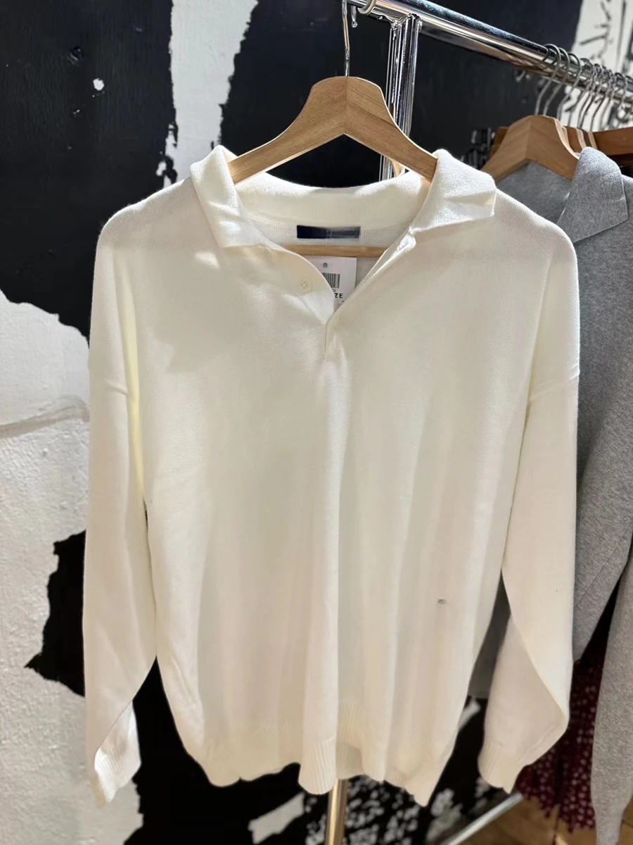 女性のためのシンプルな白いボタンルーズセーター、綿の折り襟、プレッピースタイル、ニットトップ、甘いヴィンテージのジャンパー、秋、新しい