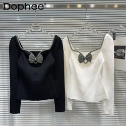 Sweet Rhinestone Bow Edge Slim Knitted Sweater 2024 Autumn New French Elegance Exposed Collarbone Long Sleeve Women Clothing