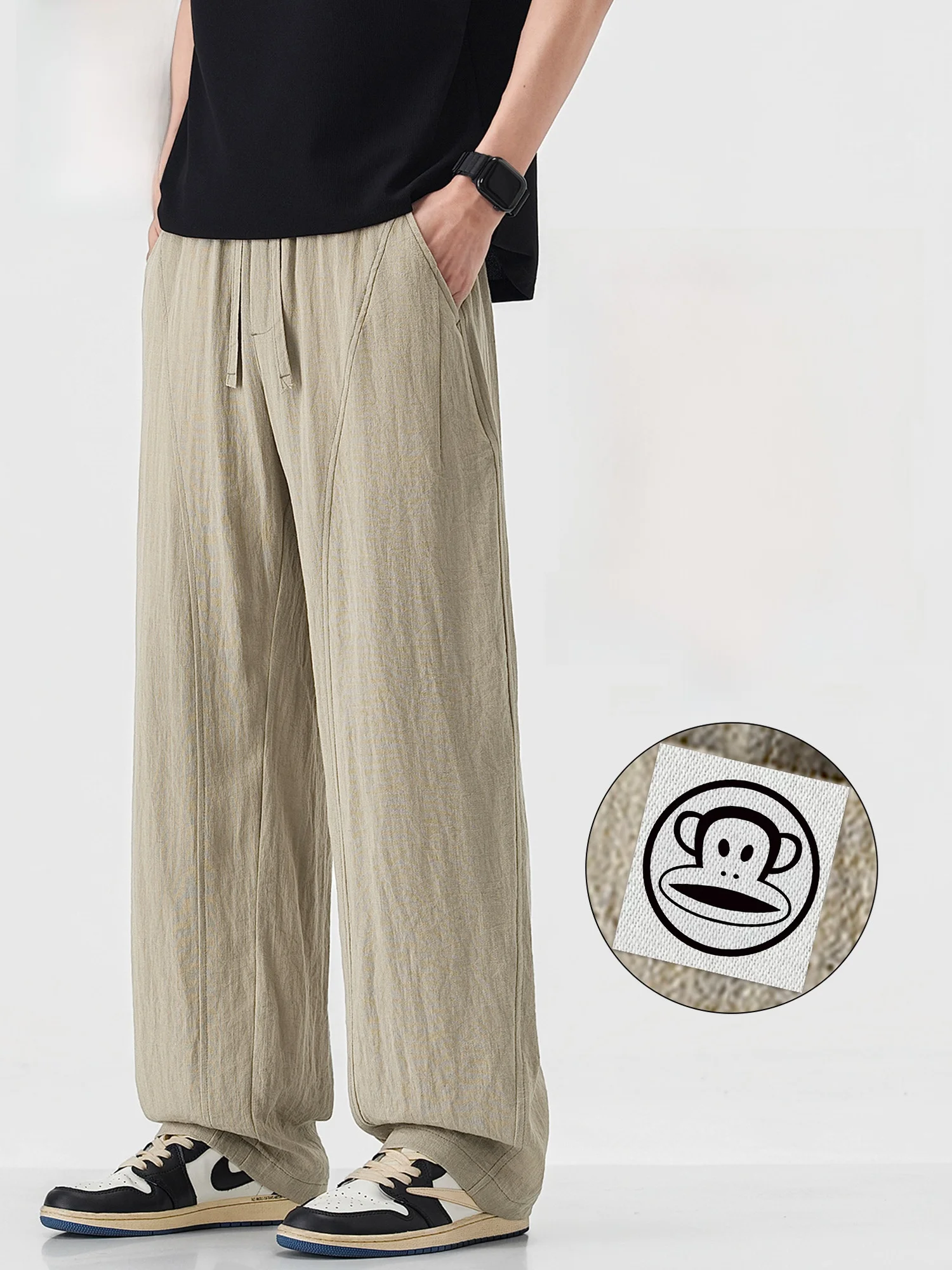 

Мужские повседневные брюки PaulFrank из льняной ткани цвета хаки, летние тонкие свободные дышащие брюки с широкими штанинами, удобные повседневные брюки свободного кроя