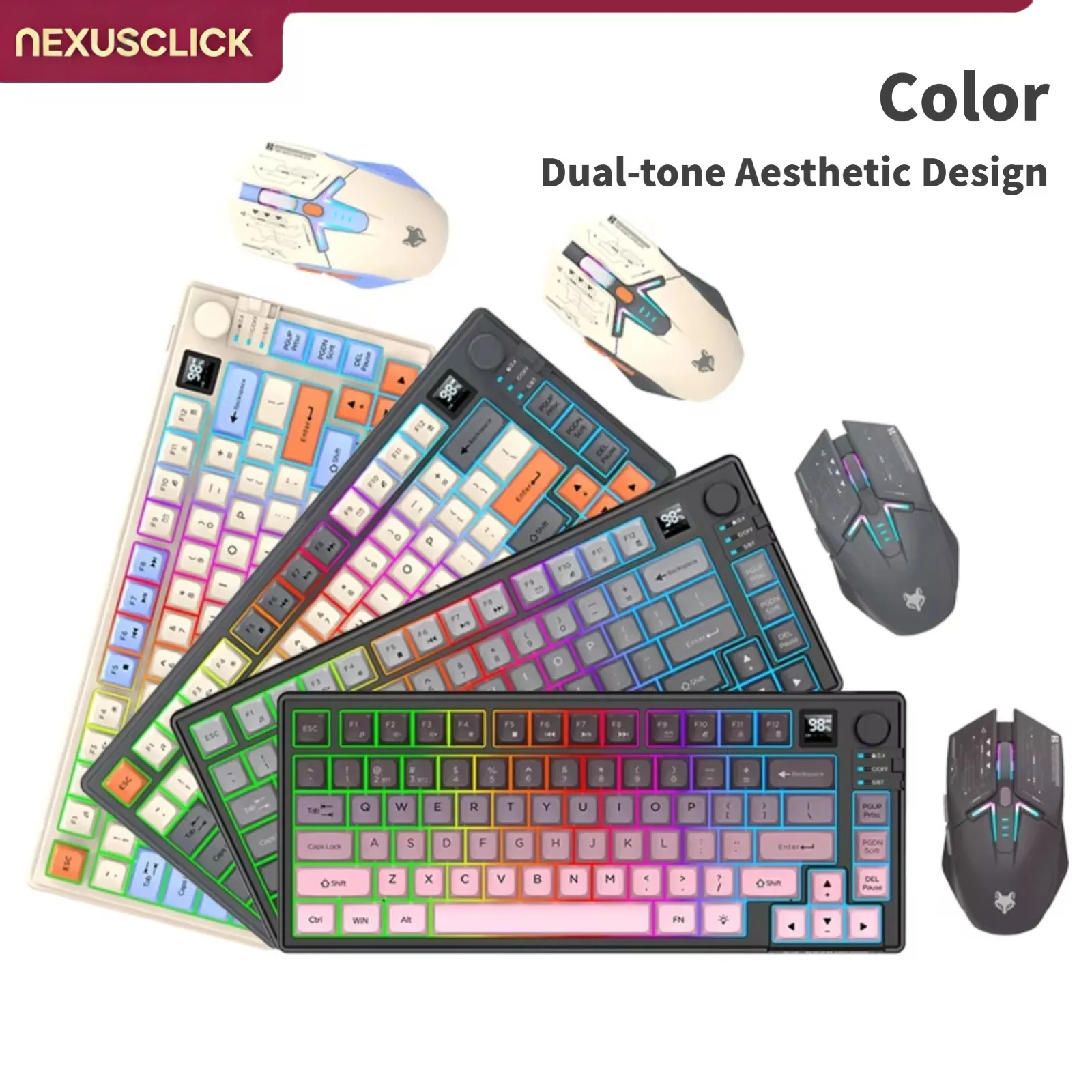 NexusClick Dual Mode Keyboard Mouse Combo with Screen,Mini 80 Keys RGB Backlit,Rechargeable,DPI Adjustable,Long Battery for Game