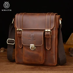 SCHLATUM-Saco Crossbody Marrom De Couro Genuíno Vintage para Homens, Crazy Horse Messenger Bags, Bolsa De Ombro De Moda De Qualidade