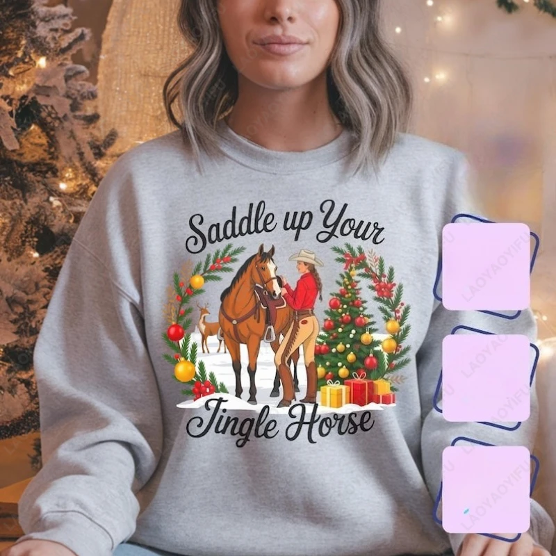 

Saddle Up Your Jingle Horse Western Christmas Country Pullover New Year Xmas Festival Hoodie Men Women Autumn Winter Pullover
