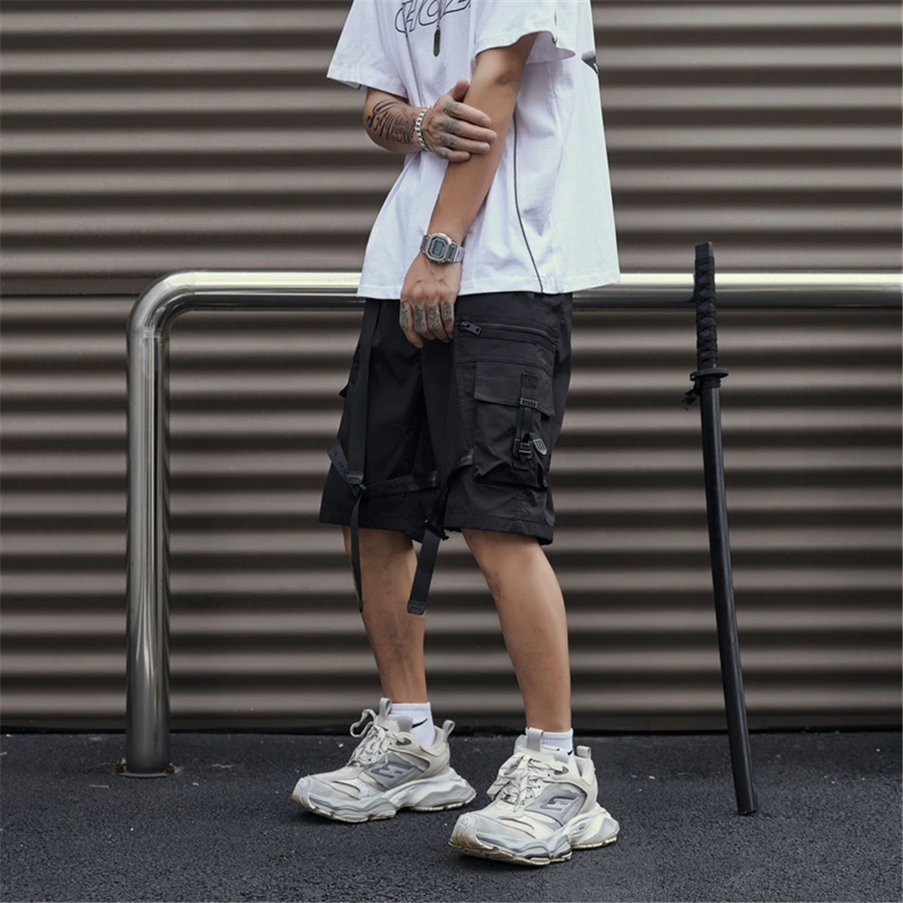 2024 Summer Cargo Shorts Multi Pocket Short Pant Tactical Functional Loose Streetwear Elastic Waist Shorts Black Techwear