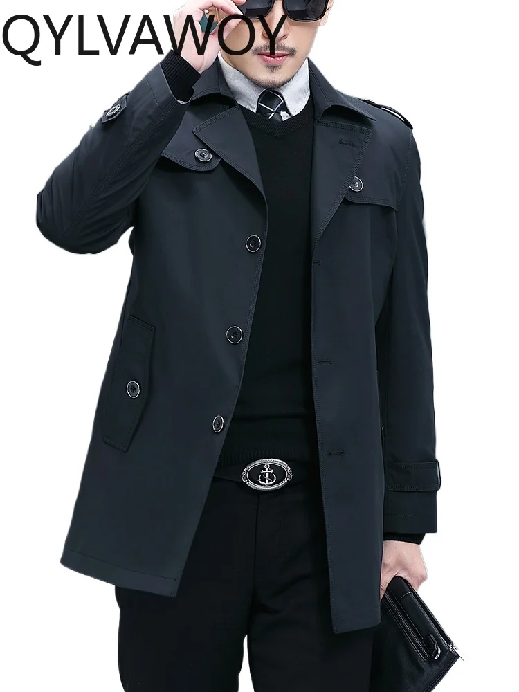 

QYLVAWOY 100% Polyester Spring Autumn New Men's Trench Coat Mid-Length Lapel Business Casual Classic Versatile Outerwear LJ2183