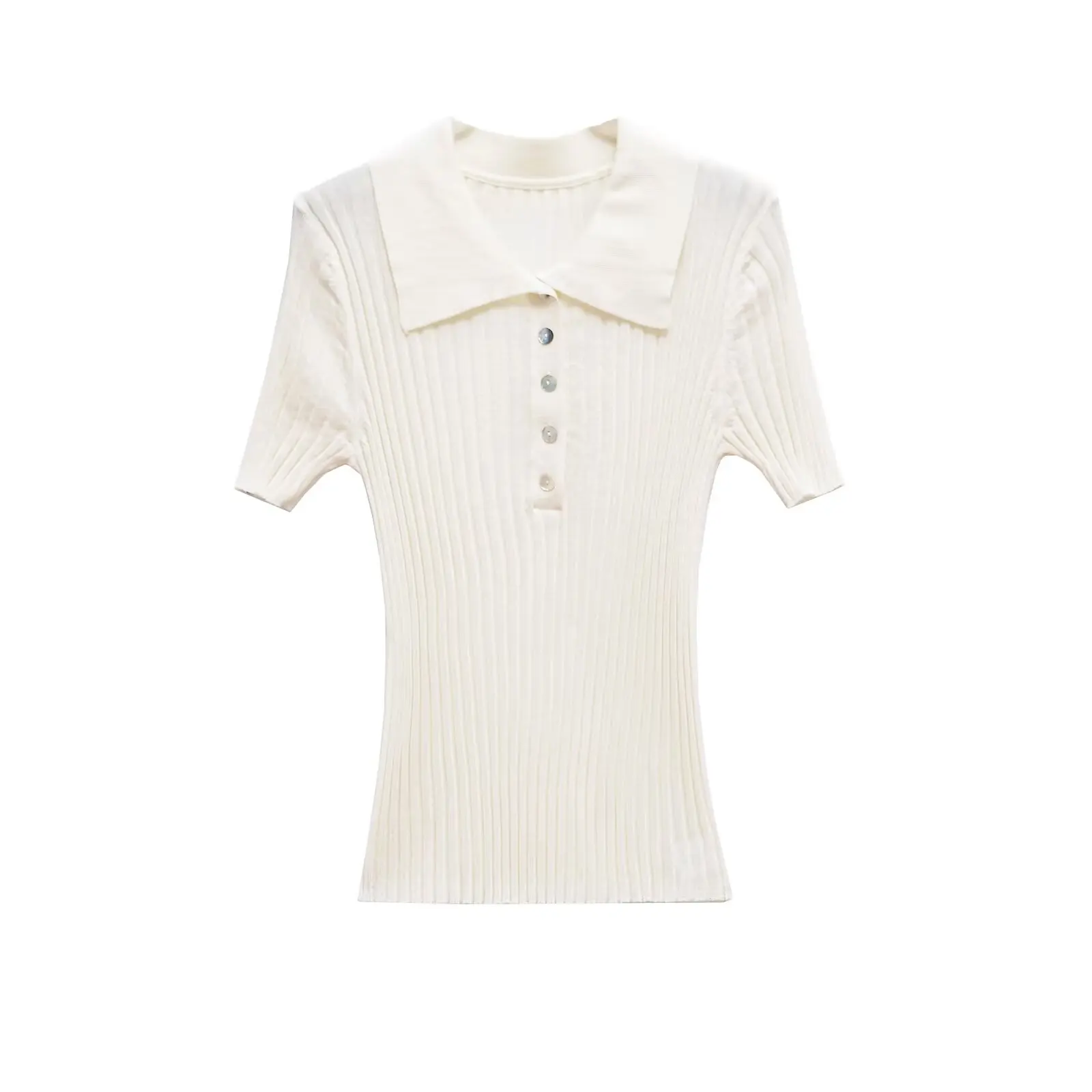 

Knitted Sweater Women 2025 New Summer Fashion Ribbed Pullovers Cropped Top Female Chic Solid Turn Down Collar Button Up Jumper
