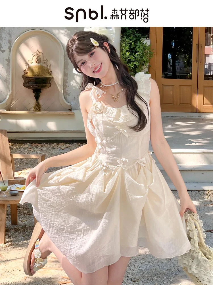 

Summer New Sweet Girls Bow High Waist Slim Solid Color Dresses Japanese Original Temperament Fairy Style Sleeveless Long Dress