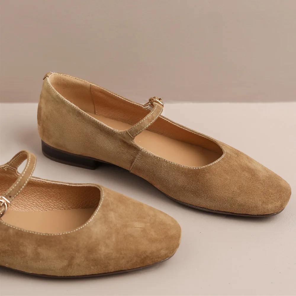 Camurça natural das mulheres dedo do pé quadrado slip-on mary jane flats lazer macio confortável alpercatas sapatos casuais para as mulheres quentes