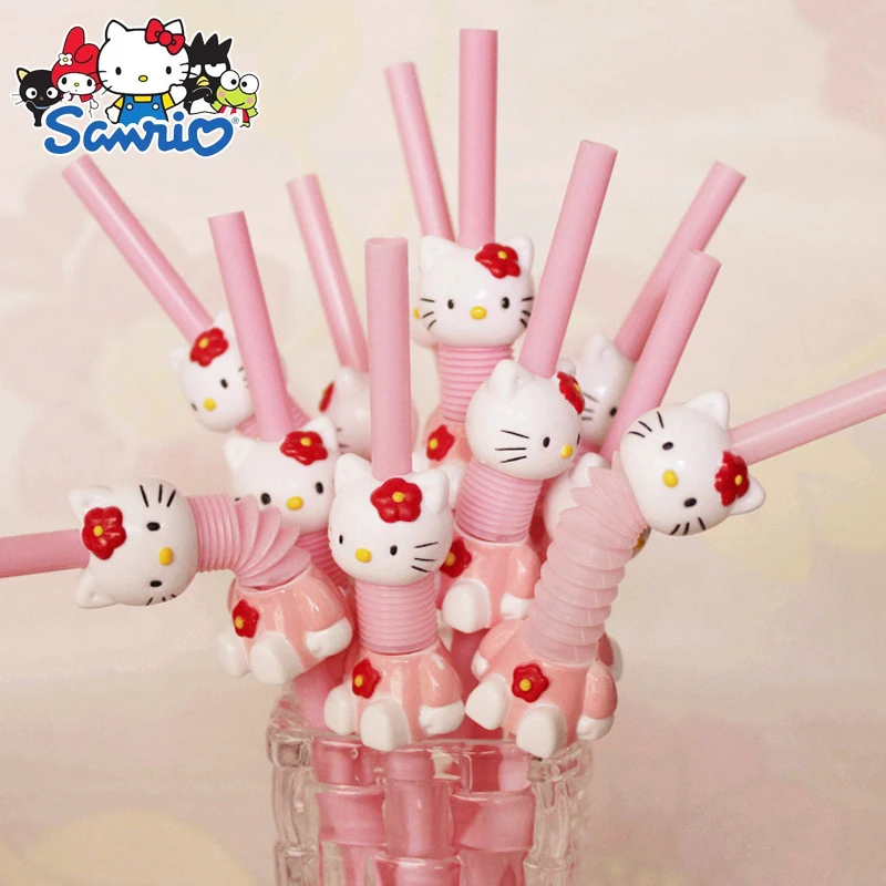 Sanrio Hello Kitty Cute Style Straw Retractable Folding Kawaii Pink Straw Halloween Party Supplies Birthday Gift