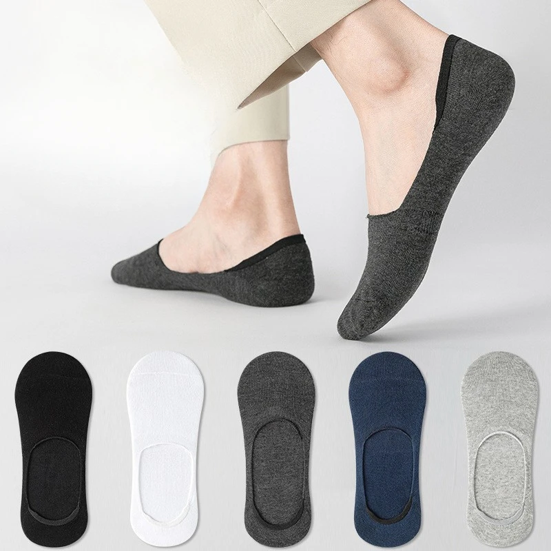 1/3/5 Pairs Invisible Mens Boat Short Socks Summer Non-slip Silicone No Show Running Slippers Cotton Black White Sports Socks