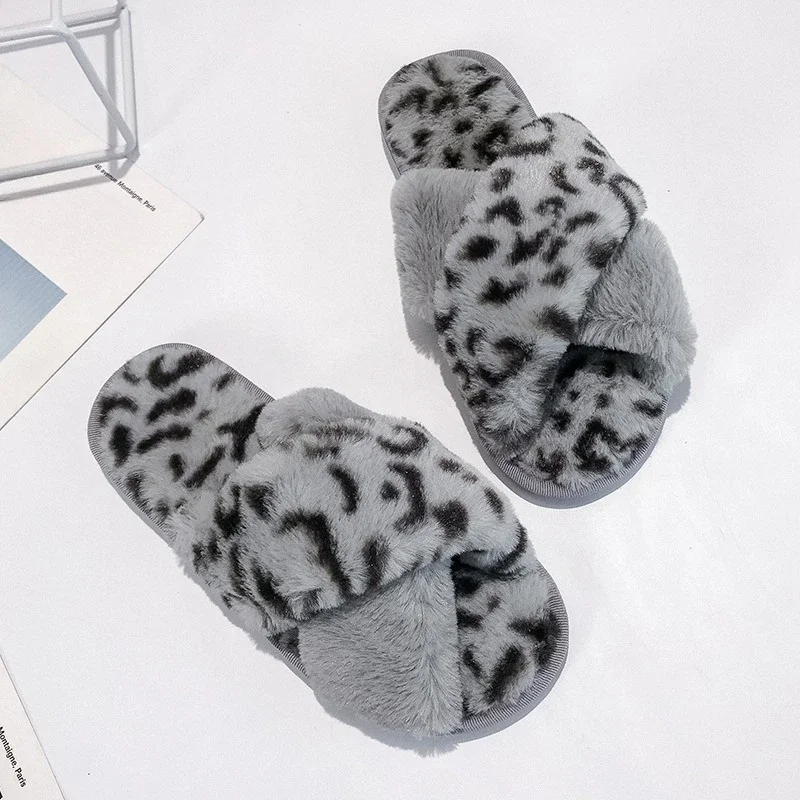New Women Slippers Winter Shoes Flat Sweet Woman Indoor Faux Fur Warm Soft Slip On Home Leopard Print Pink Furry Ladies Slipper - view 6