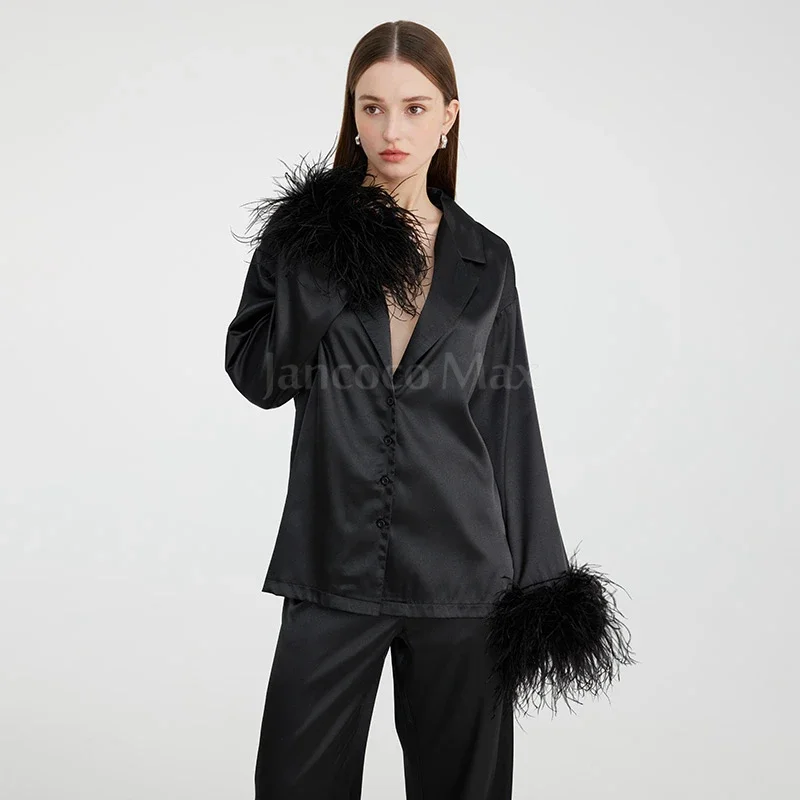 New Coming Black Silk Pajamas with Ostrich Feather Cuffs Luxury Sleepwear