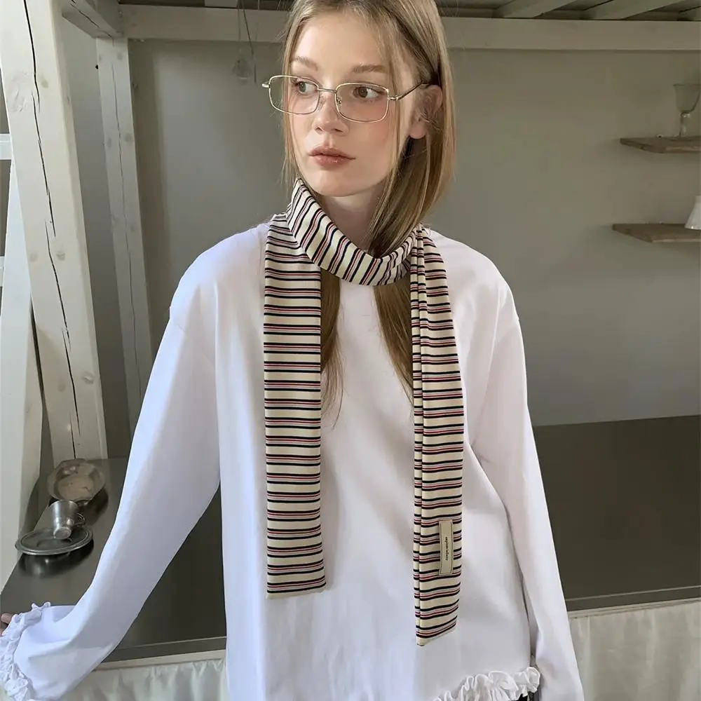 Y2K الأزرق الأبيض وشاح مخطط المألوف طويل ضيق الأوشحة الزخرفية Harajuku ريترو قطاع وشاح الرقبة 100% القطن وشاح دافئ