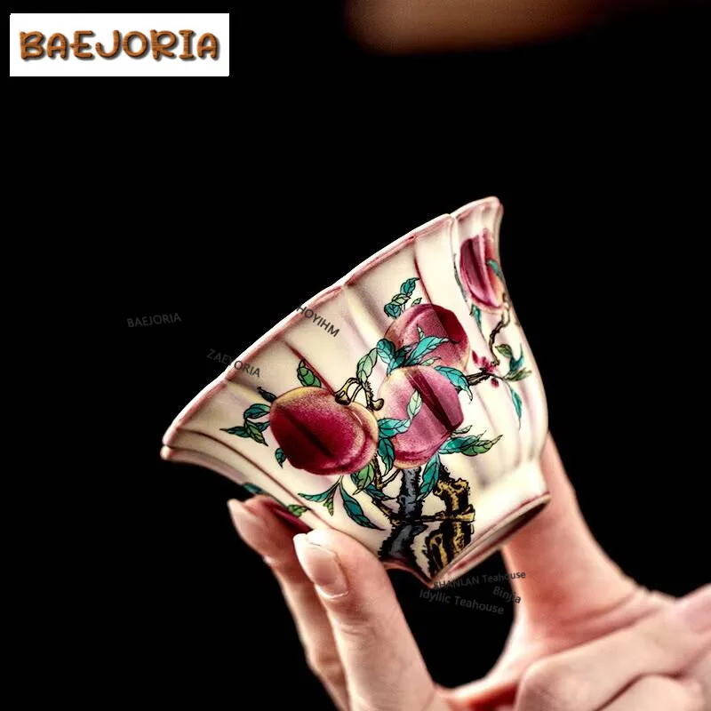 100ml Lard Jelly Ru Kiln Pfirsich-Teetasse Elegante Teeschale für Tee-Verkostung Persönliche Tasse Chazhan Meistertassen Chinesisches Teeset