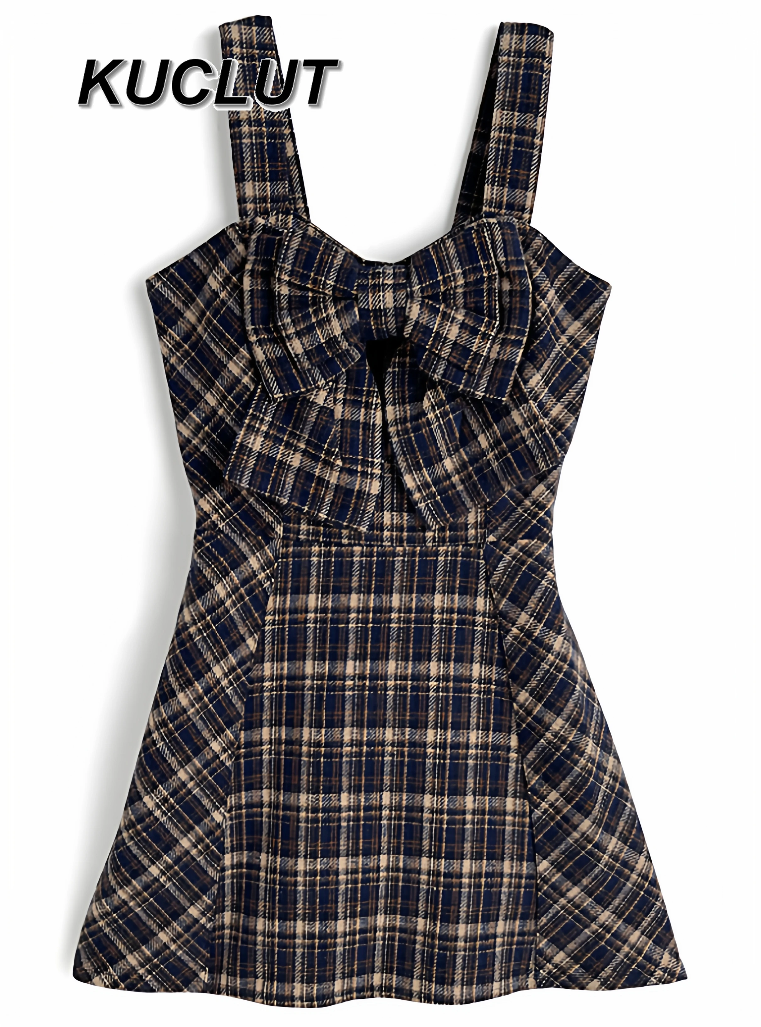 新しい和風スイートガールショートドレス多用途ボウワイドショルダーストラップカラーブロックチェック柄ノースリーブカジュアルドレス