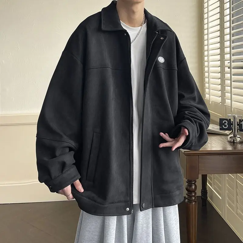 

Men's Autumn Japanese Vintage Suede Jacket Loose Fit Casual Workwear Style Flannel Collar Trendy Streetwear Outerwear