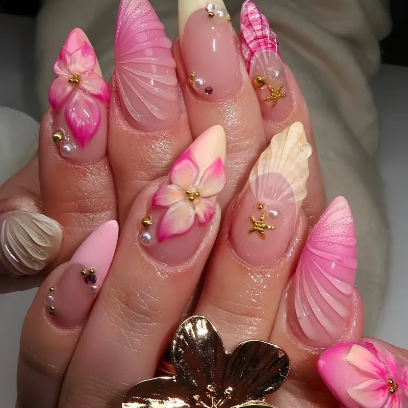 

24 Pcs Press on Nails Almond False Nails 3D Sweet Flower Decorations for Nails Nail Tips with Glue Self-nail with Design 2025