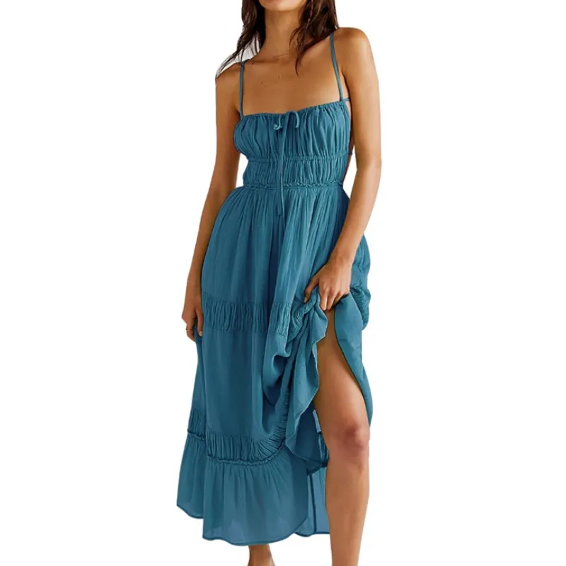 

Summer Square Neck Sling Strap Long Dress Women Solid Color Bandage Backless Sleeveless Ruffled Hem Dresses Casual Beachwear