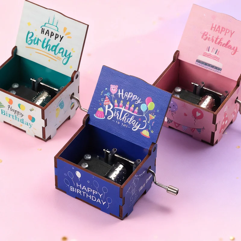 Hot Selling Birthday Series Art Six Sided Painted Hand Cranked Music Box Birthday Gift for Friends Home Decor