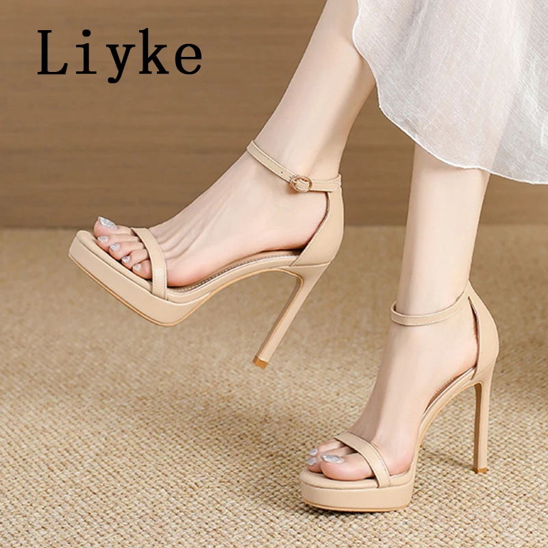 

Liyke черные абрикосовые сандалии на платформе с ремешком на щиколотке для женщин, летние модные туфли с открытым носком на тонком высоком каблуке 11 см, свадебные банкетные туфли
