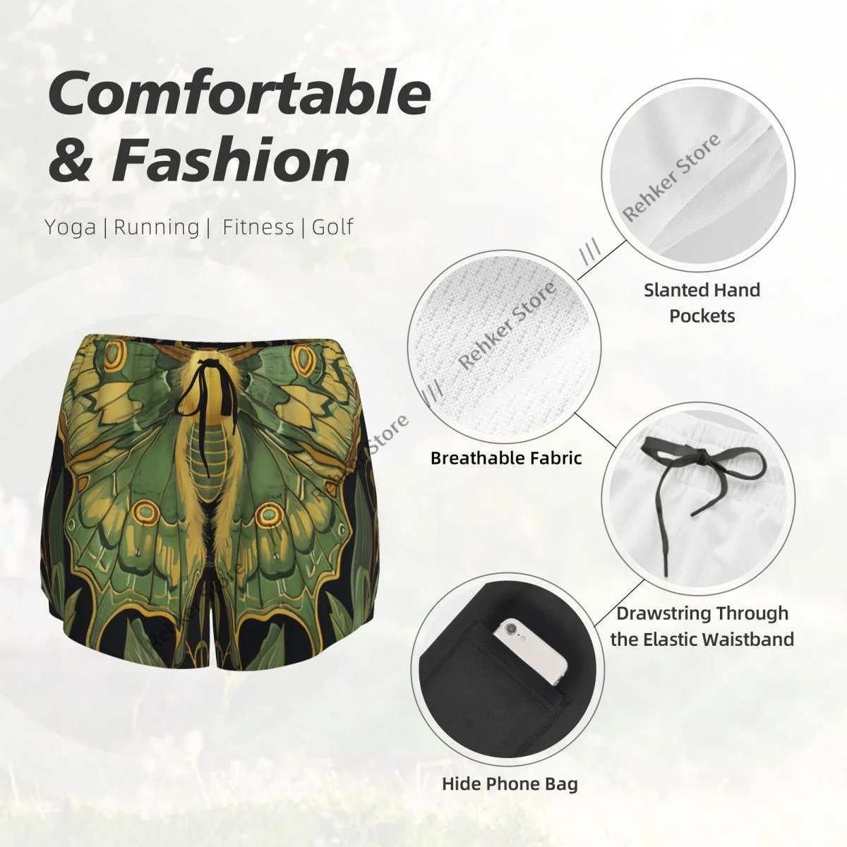 Workout Shorts Dames Fitness Sneldrogend Dubbellaags Shorts Vlinder In De Weide Atletische Yoga Korte Broek Gymleggings