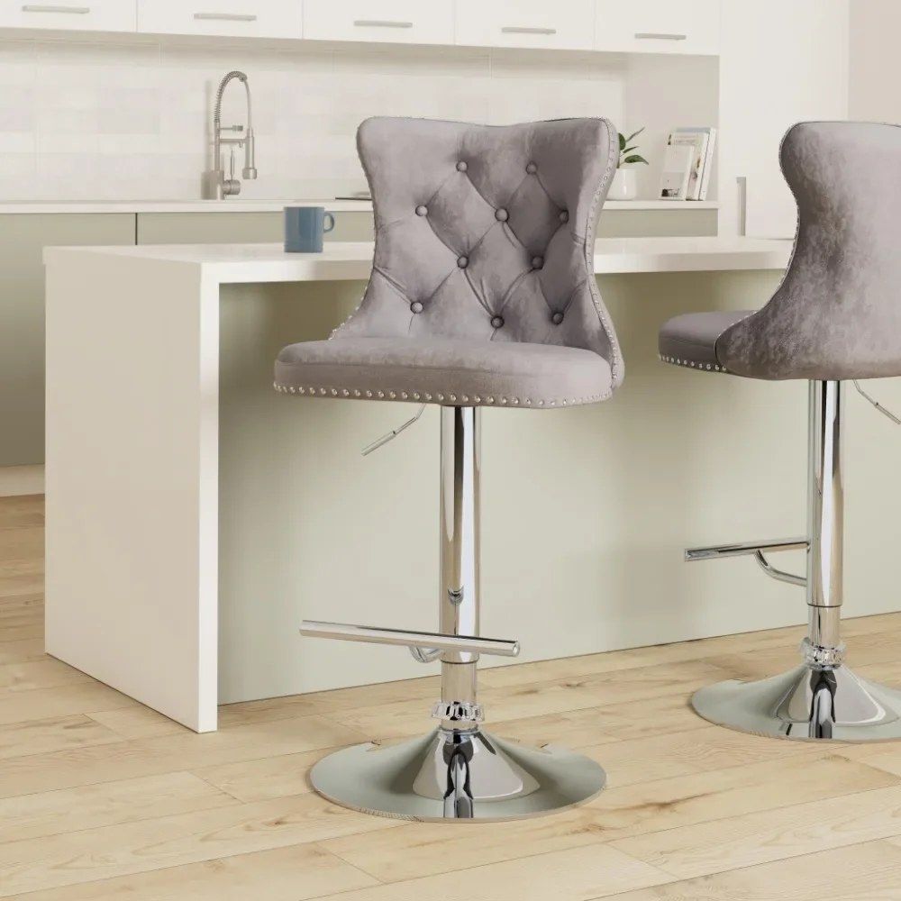 Velvet Counter Height Bar Stools Set of 4, Button Tufted Stools, Adjustable Swivel Bar Chairs with Upholstered Seat Back