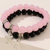 2Pcs/Set Pink Crystal Beads Bracelet Couple Lovers Natural Stone Cross Bracelets for Women Men Fashion Wedding Jewelry Gift